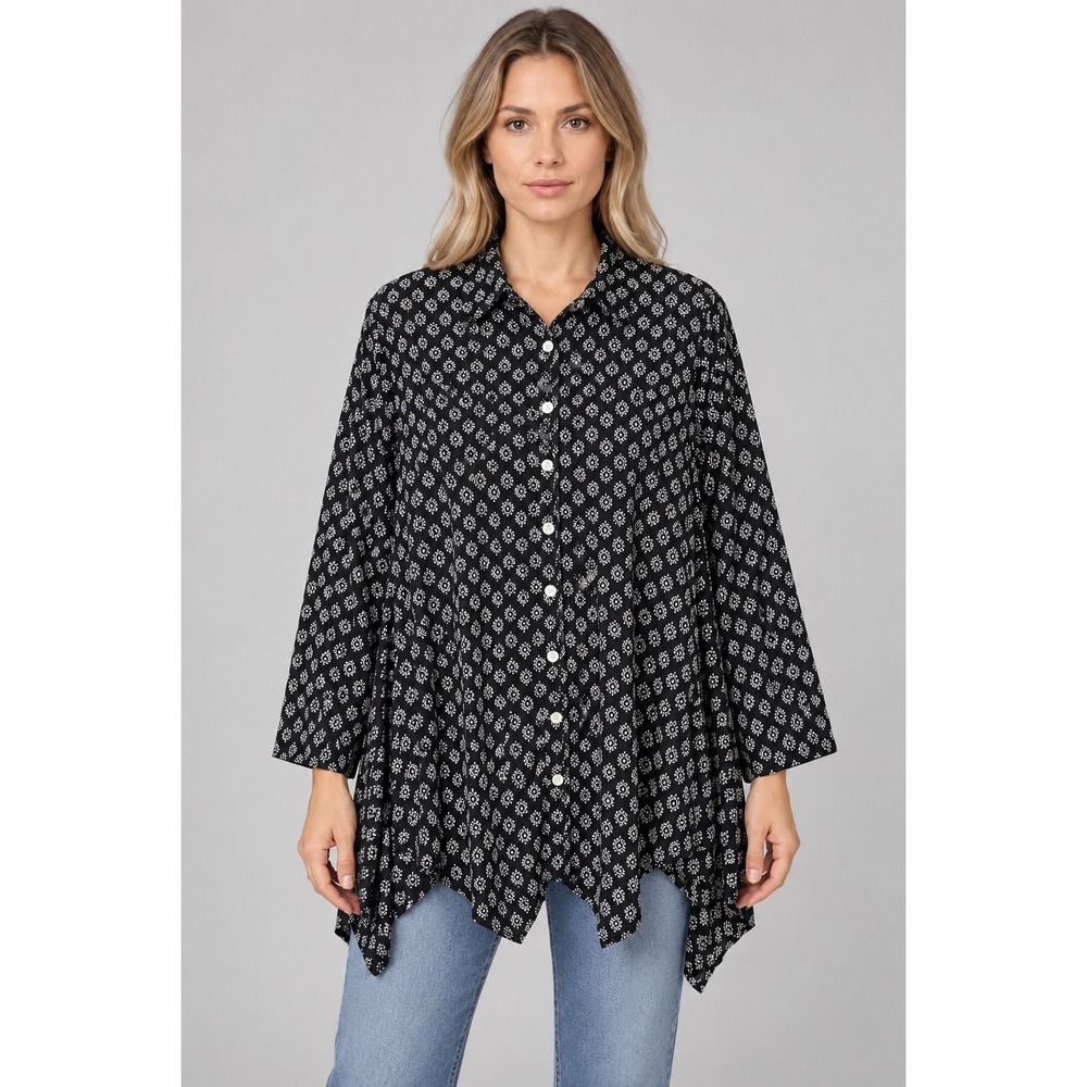 Tulip Floral Tunic Shirt Women S Black 100% Cotton Boho Lagenlook Asymmetric Top